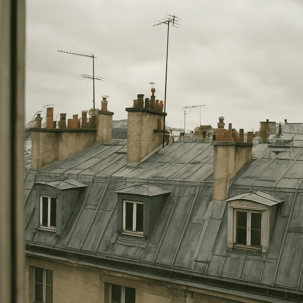 Toits en zinc d'immeubles haussmanniens parisiens au coucher du soleil