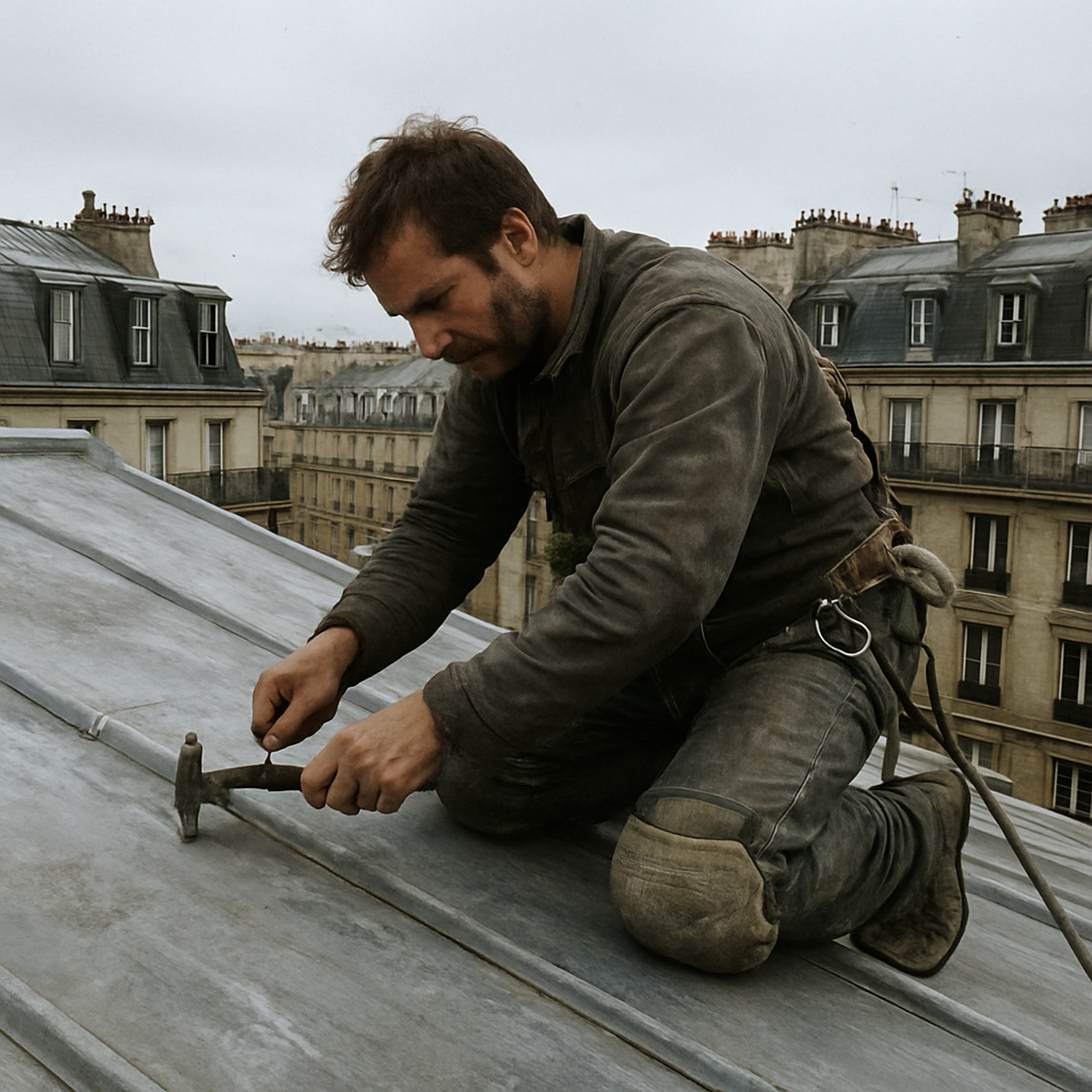 Couvreur réalisant une toiture en zinc à Paris